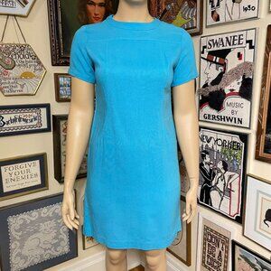 60s Vintage Mod Blue Scoop Neck Short Sleeve Woven Unlined Shift Dress Size 2X